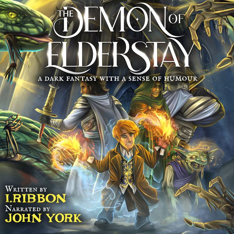 The Demon of Elderstay audiobook cover, written by I. Ribbon, narrated by John York