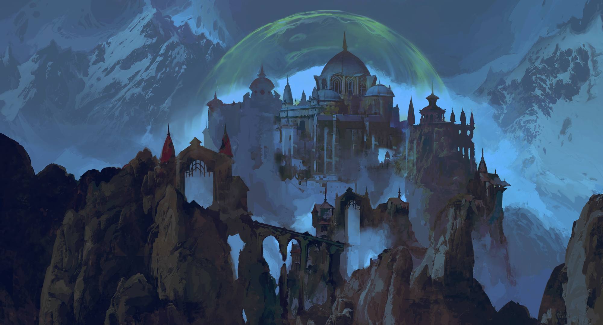 The citadel of Elderstay on its crags, under a green dome of curse light