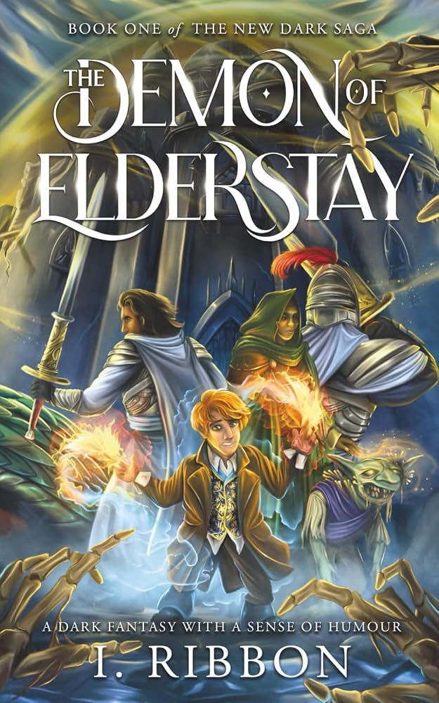 The Demon of Elderstay cover: Gerome with fire in both hands, his crew behind him, skeletal hands reaching in